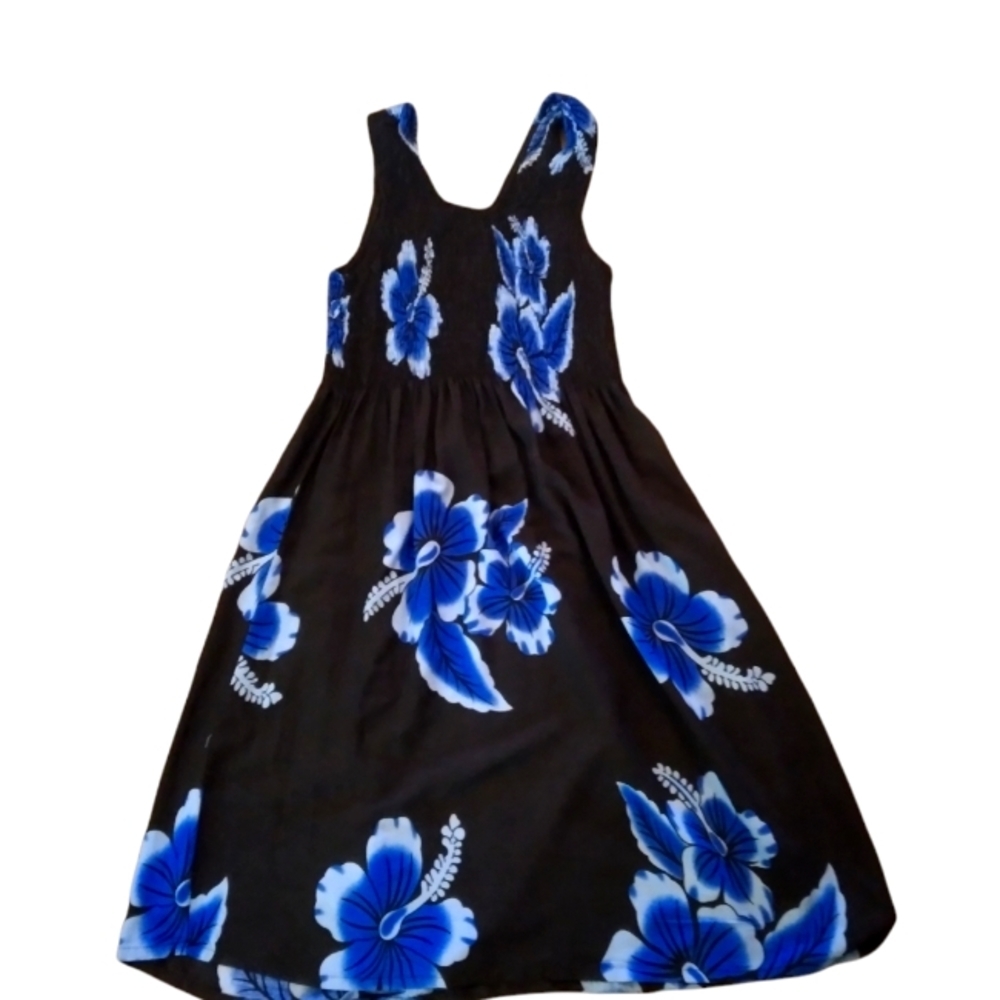 Hawaii Aloha tropical asymmetrical blue floral print dress